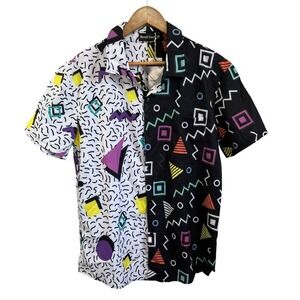 Nosirhoc 80s Geometric‎ Print Shirt, Retro Pattern Button Down Top